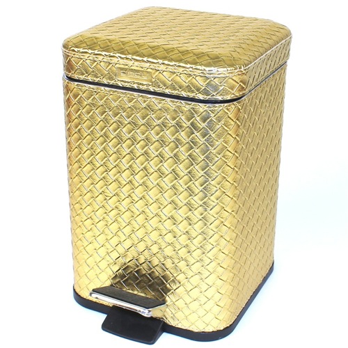 Waste Basket, Gedy 6709-87, Square Gold Faux Leather Waste Bin With Pedal 6709-87